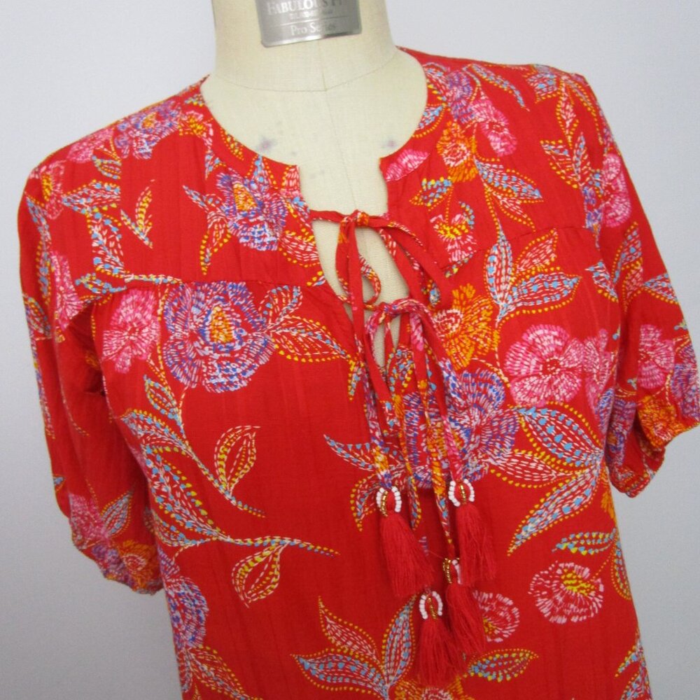 Red Easy Floral Dress Bohemian Print Tassels Beads